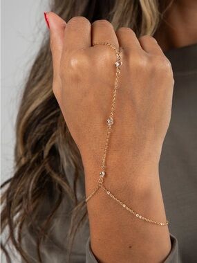 Delicate Gold Chain Hand Bracelet with Crystal Accents - Gold